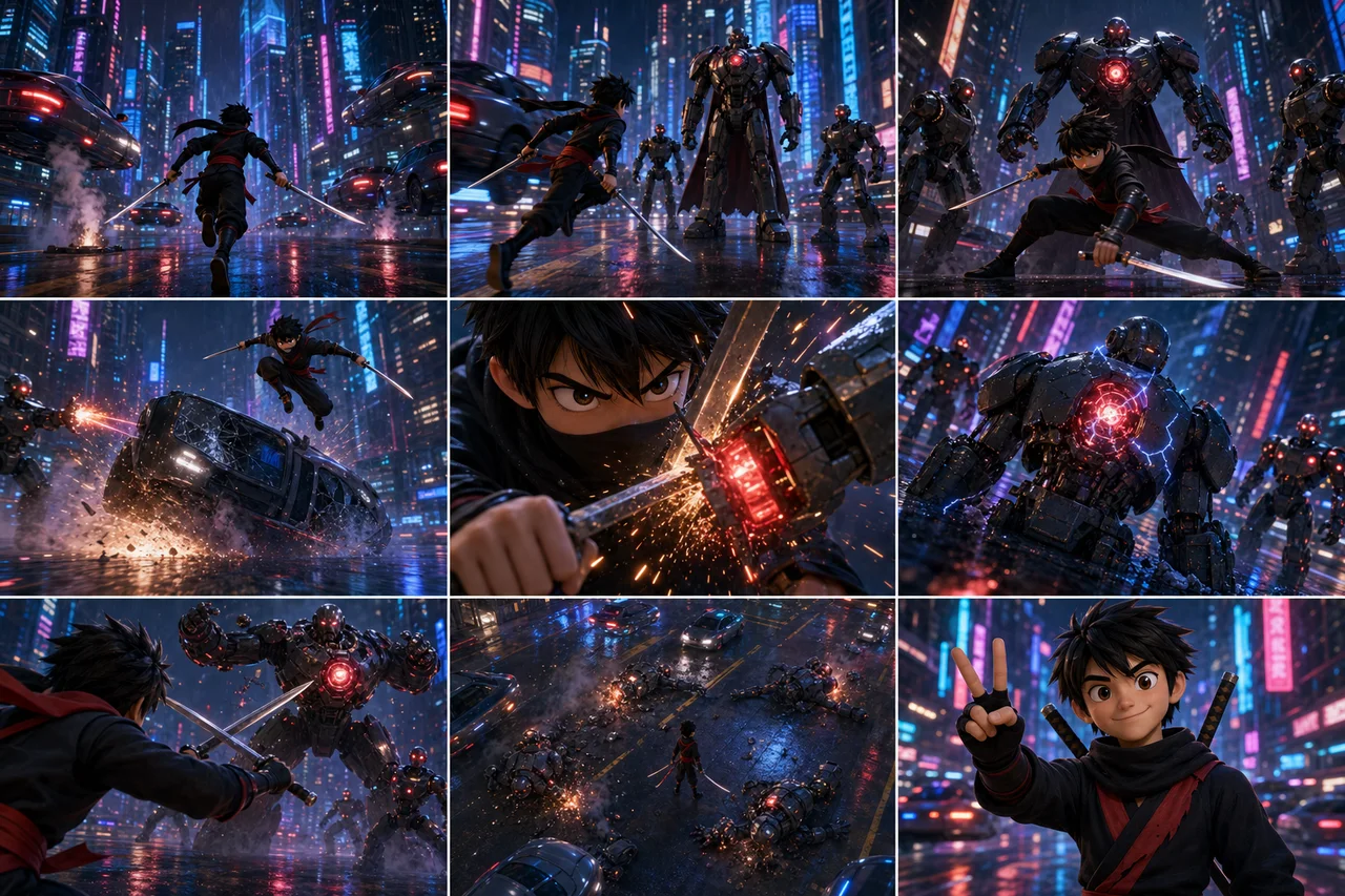 Nine-shot animated storyboard of a masked ninja facing robots in a neon city