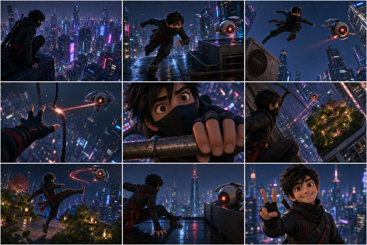 Nine-shot animated cyberpunk rooftop chase storyboard