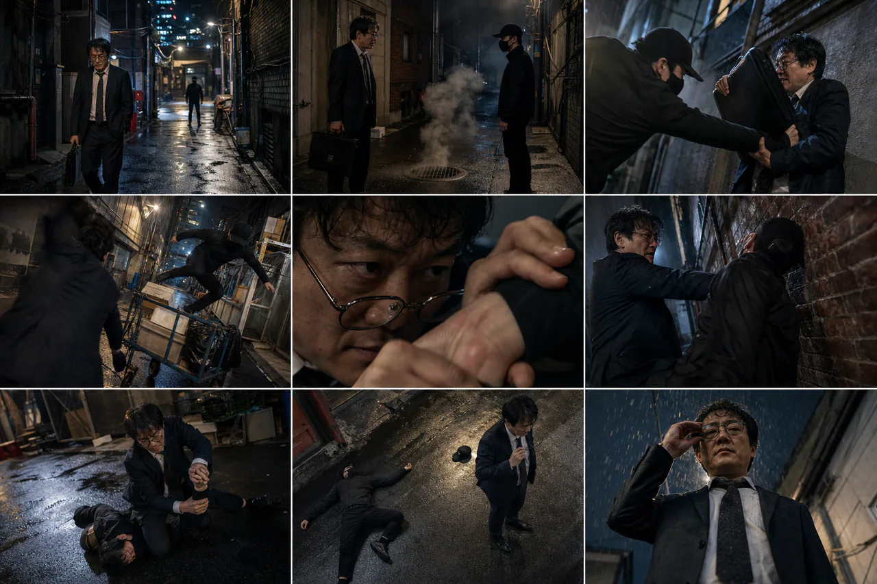 Nine-shot ultra-realistic cinematic alley confrontation storyboard